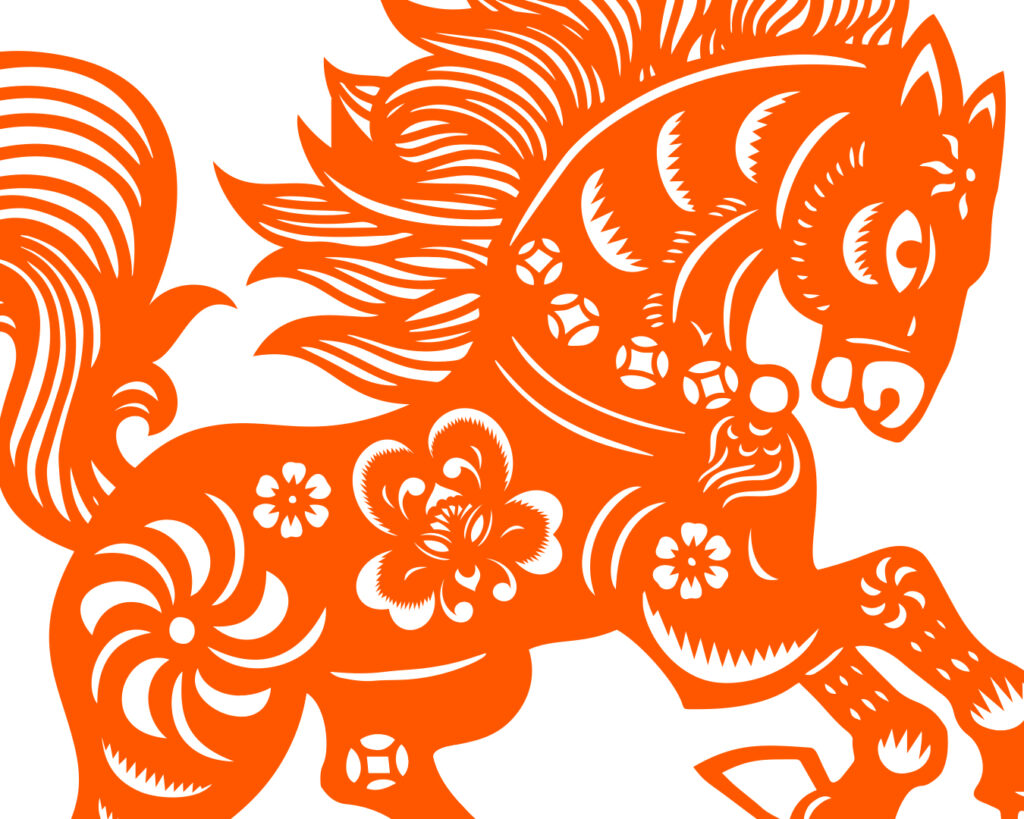 Orangefarbenes Pferd mit Blumenmuster, Zeichnung