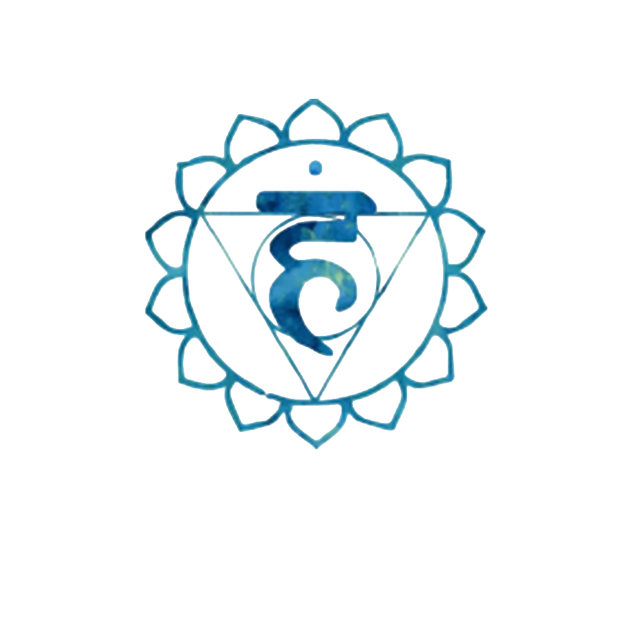Symbol des Vishudda Chakra, Blütenform, blaues Aquarell, Sanskrit-Buchstabe in der Mitte